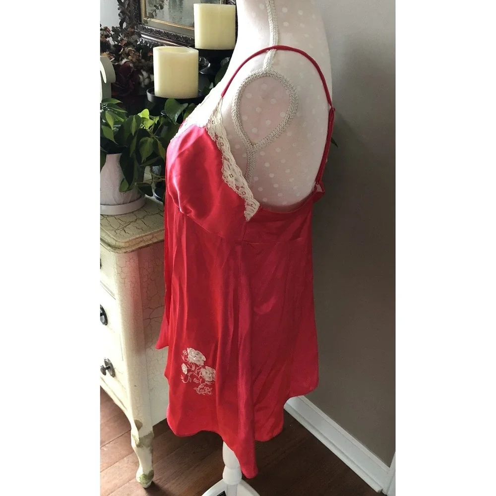 Vtg Secret Treasures Red Shiny Satin Polyester Lace Trim Nightie Sequins Women L - Picture 8 of 14
